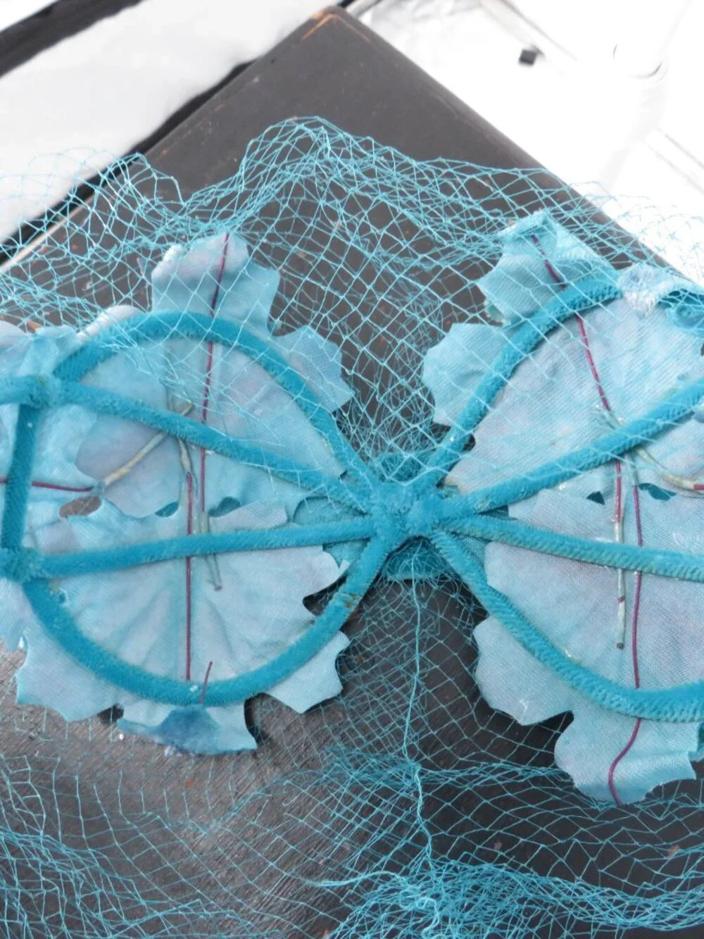 Vintage Blue Pillbox Hat Veiled Floral Fascinator Turquoise Velvet One Size OS